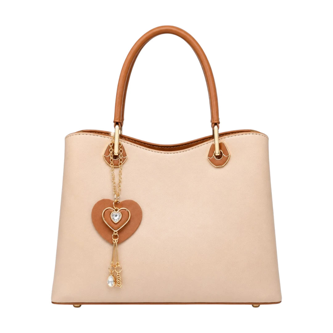 Bebak Elegant Beige Leather Handbag with Heart Charm Accent