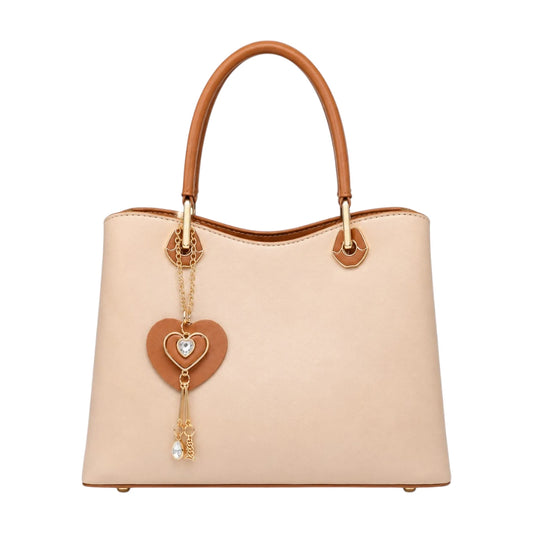 Bebak Elegant Beige Leather Handbag with Heart Charm Accent