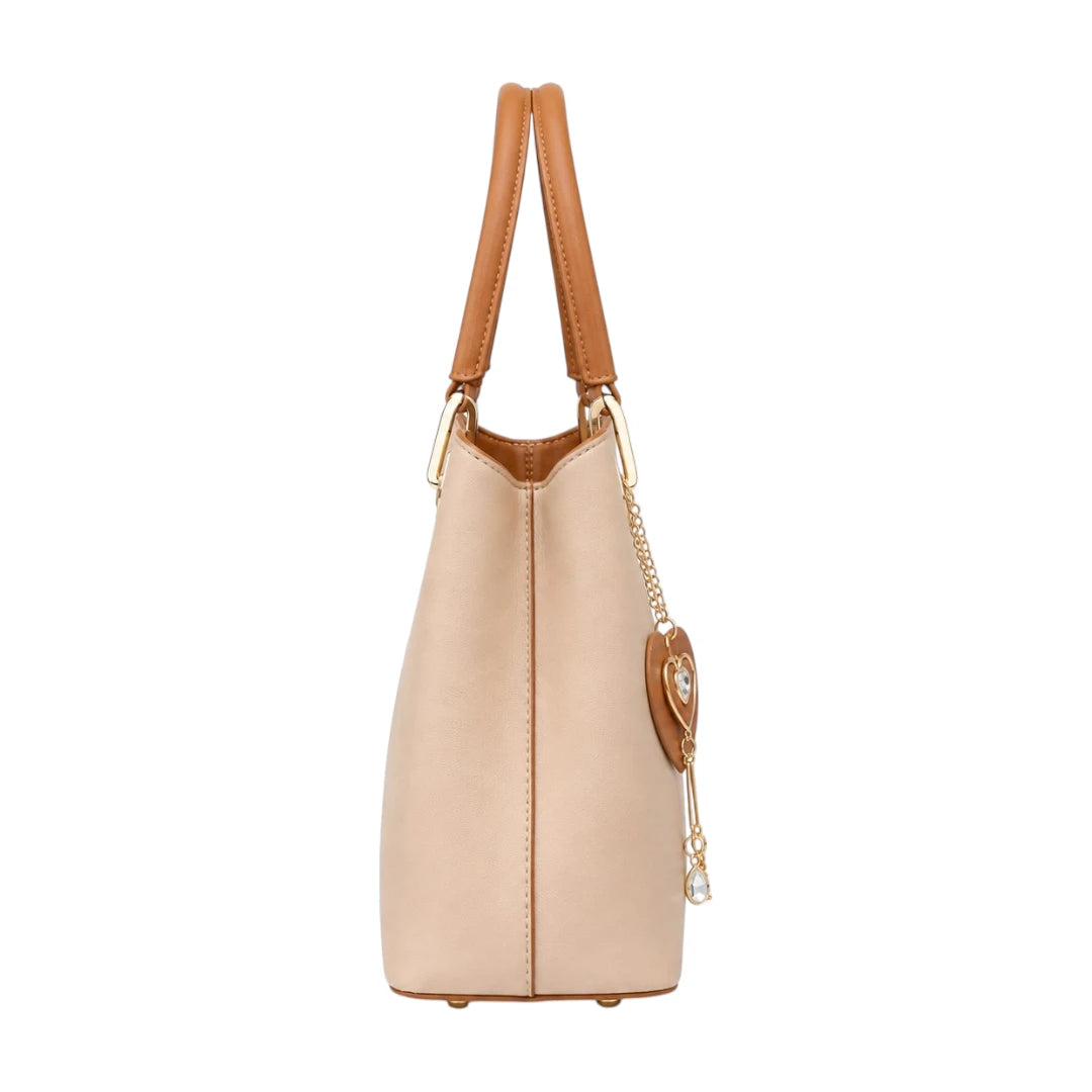 Bebak Elegant Beige Leather Handbag with Heart Charm Accent