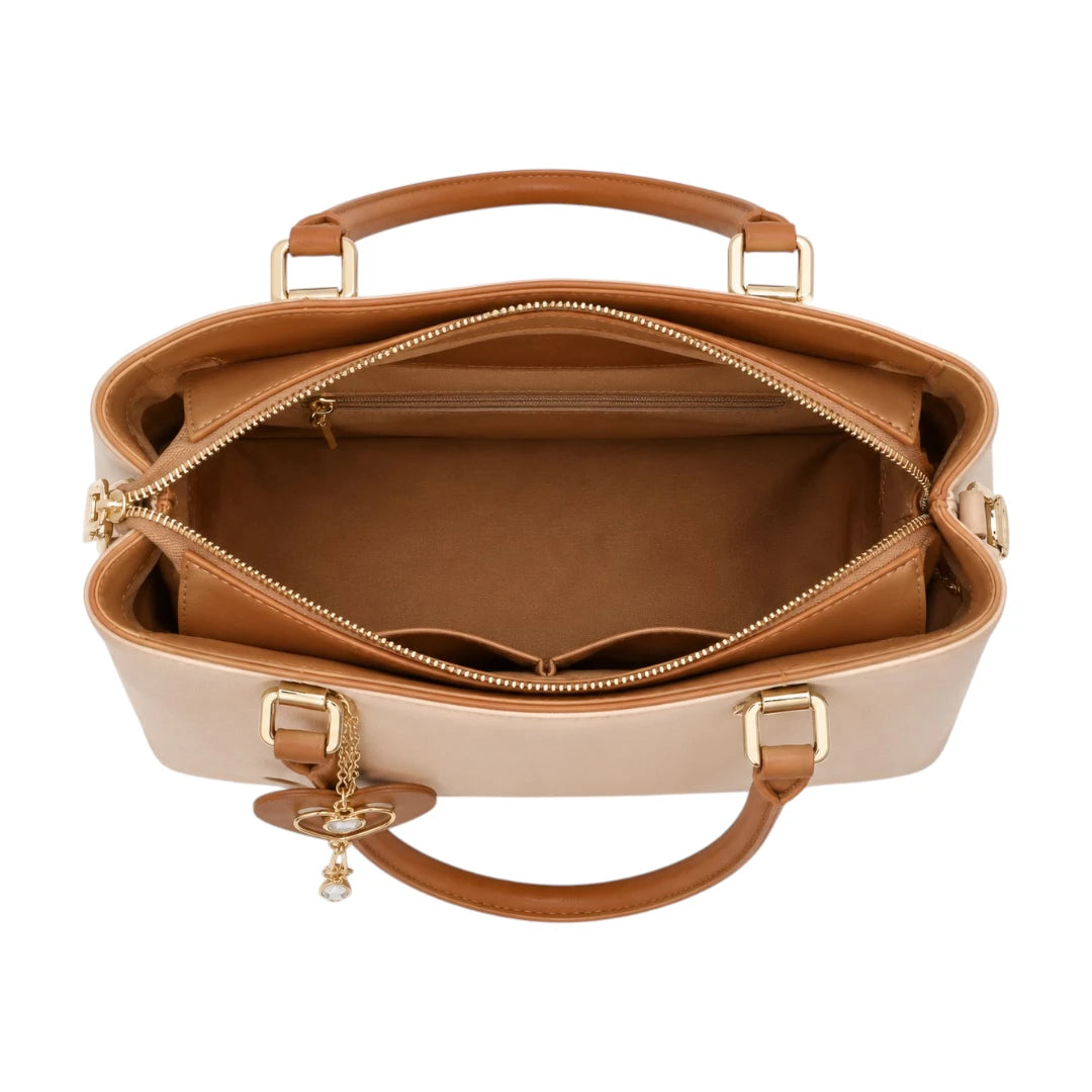 Bebak Elegant Beige Leather Handbag with Heart Charm Accent