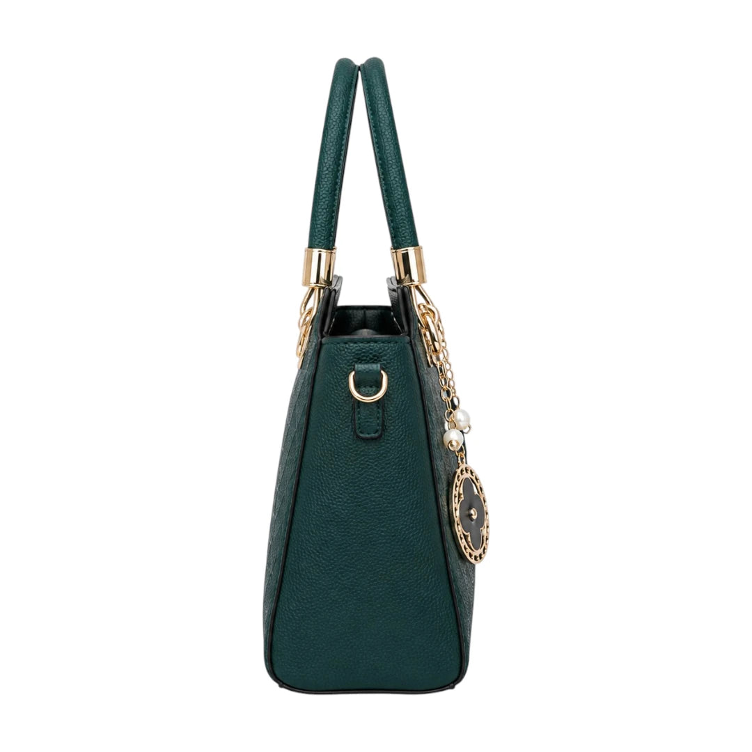 Bebak Elegant Green Textured Leather Handbag with Charm Pendant