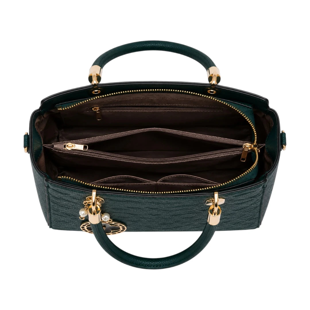 Bebak Elegant Green Textured Leather Handbag with Charm Pendant